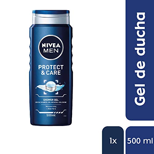 NIVEA MEN Protect & Care Gel de Ducha con Aloe Vera (1 x 500 ml), gel 2 en 1 para cuerpo, rostro y cabello, gel de baño para hombre para limpiar, refrescar e hidratar