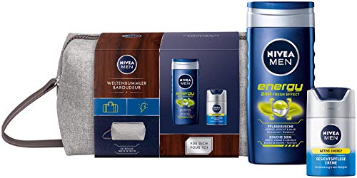 NIVEA MEN - Set de regalo de trotamundos, neceser para hombres con gel de ducha y crema para el cuidado facial, set de viaje para el hombre cuidado.