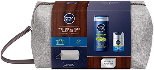 NIVEA MEN - Set de regalo de trotamundos, neceser para hombres con gel de ducha y crema para el cuidado facial, set de viaje para el hombre cuidado.