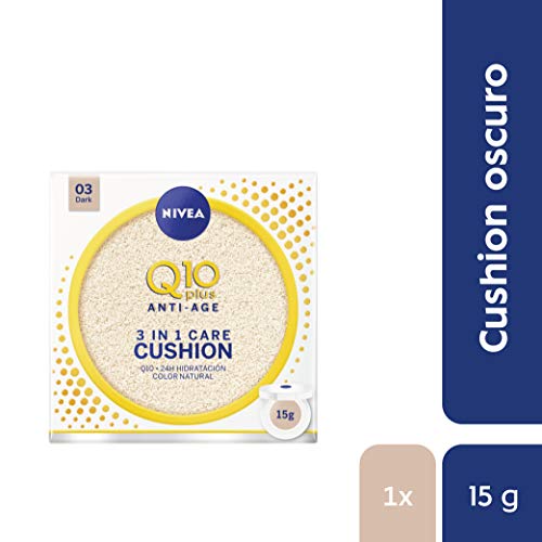 NIVEA Q10 3en1 Cushion Tono Oscuro (1 x 15 ml), perfeccionador facial, cuidado facial hidratante y antiedad con protector facial 15 para una piel uniforme y natural