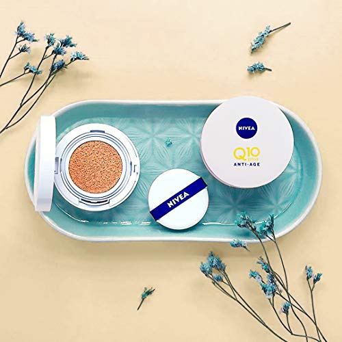 NIVEA Q10 3en1 Cushion Tono Oscuro (1 x 15 ml), perfeccionador facial, cuidado facial hidratante y antiedad con protector facial 15 para una piel uniforme y natural