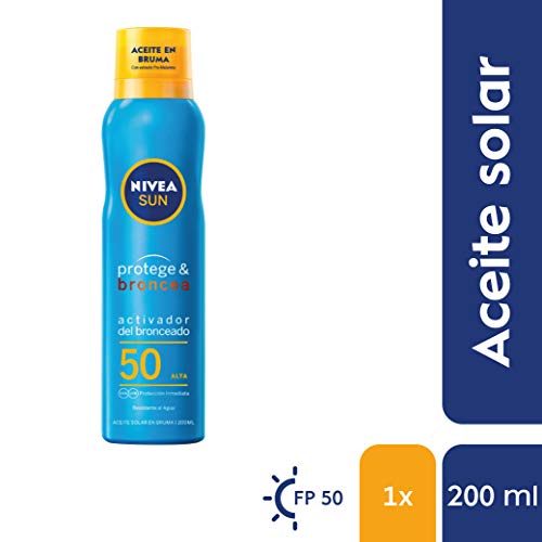 NIVEA SUN Protege & Broncea Aceite en Bruma FP50 (1 x 200 ml), aceite solar activador del bronceado con protección solar alta, bruma solar resistente al agua