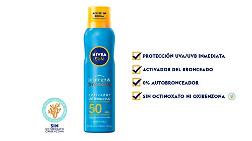 NIVEA SUN Protege & Broncea Aceite en Bruma FP50 (1 x 200 ml), aceite solar activador del bronceado con protección solar alta, bruma solar resistente al agua