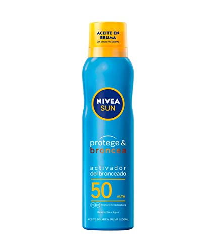 NIVEA SUN Protege & Broncea Aceite en Bruma FP50 (1 x 200 ml), aceite solar activador del bronceado con protección solar alta, bruma solar resistente al agua