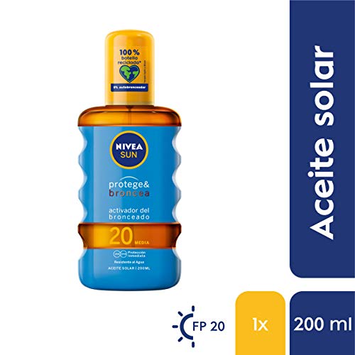 NIVEA SUN Protege & Broncea Aceite Solar FP20 (1 x 200 ml), activador del bronceado, protección solar media resistente al agua con 0% autobronceador