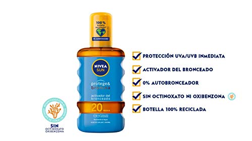 NIVEA SUN Protege & Broncea Aceite Solar FP20 (1 x 200 ml), activador del bronceado, protección solar media resistente al agua con 0% autobronceador