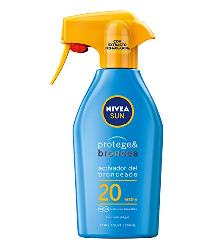 NIVEA SUN Protege & Broncea Spray Solar FP20 (1 x 300 ml), activador del bronceado, protección solar media, protector solar hidratante y resistente al agua, pistola