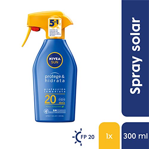 NIVEA SUN Protege & Hidrata Spray Solar FP20 (1 x 300 ml), protector hidratante y resistente al agua con protección UVA/UVB, protección solar media en formato pistola