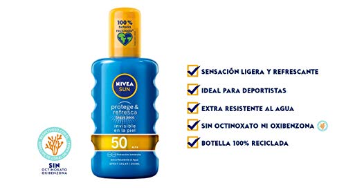 NIVEA SUN Protege & Refresca Spray Solar FP50 (1 x 200 ml), spray con protección UVA/UVB, protección solar alta invisible, refrescante y resistente al agua