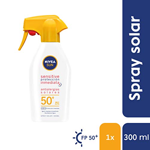 NIVEA SUN Sensitive Protección Inmediata Antialergias Solares Spray Pistola Solar FP 50+, spray solar resistente al agua, protector solar para piel sensible - 1 x 300 ml