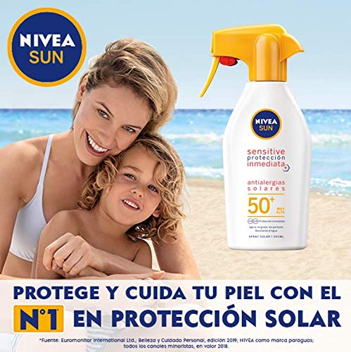 NIVEA SUN Sensitive Protección Inmediata Antialergias Solares Spray Pistola Solar FP 50+, spray solar resistente al agua, protector solar para piel sensible - 1 x 300 ml