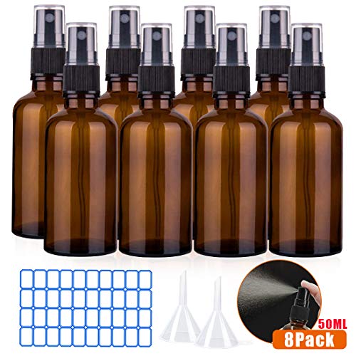 O-Kinee Spray de Vidrio ámbar 8 pcs Botella de Vidrio ámbar Vacía con Pulverizador Negro de Niebla Fina Vacía para Aromaterapia,Primeros Auxilios,Tamaño de Viaje,Líquidos Químicos (50ml)