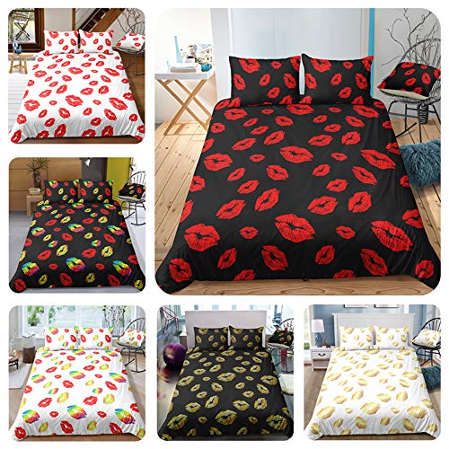 Odot Juego de Ropa de Cama con Funda de Edredón Nórdico de 3 Piezas, Anti-ácaro Defensa Alérgico, Labios Pintalabios Microfibra Poliéster Funda de Almohada (200 * 200cm,Rojo - Negro)