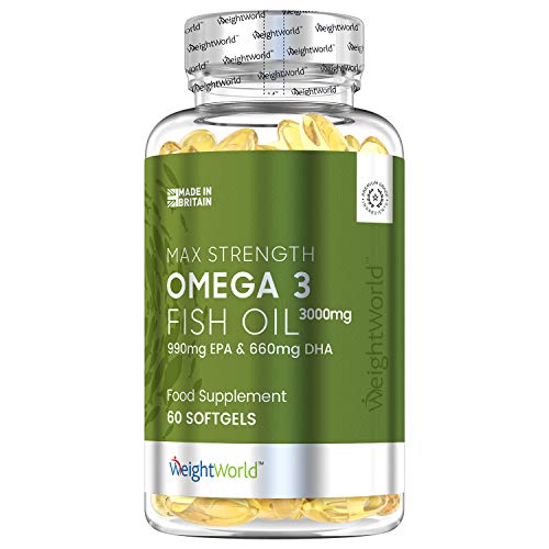 Omega 3 Aceite de Pescado Puro 3000 mg - 990 mg de EPA + 660 mg DHA - Efecto Antiinflamatorio y Antioxidante, Suplemento para la Salud de Cerebro, Hígado y Corazón, Controla Colesterol, 60 Cápsulas