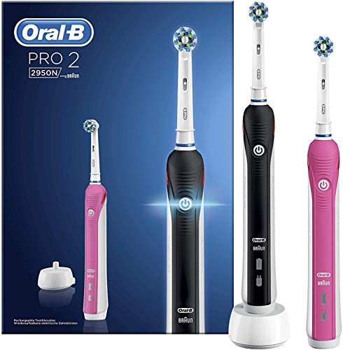 Oral-B 2950N Pro 2 - Cepillo de dientes eléctrico recargable, con tecnología de Braun, 2 mangos, 2 modos incluyendo cuidado de las encías, 2 cabezales CrossAction de recambio