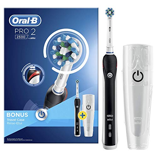 Oral-B PRO 2 2500 CrossAction - Cepillo de Dientes Eléctrico Recargable con Tecnología de Braun, 1 Mango Negro, 2 Modos Incluyendo Cuidado de Las Encías, 1 Cabezal de Recambio Y 1 Estuche de Viaje