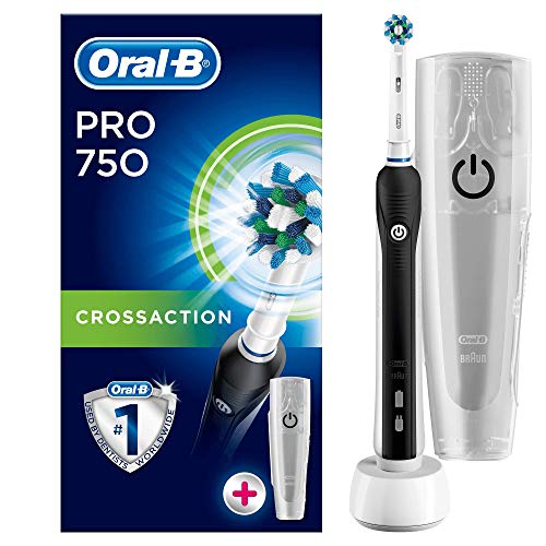 Oral-B Pro 750 CrossAction Cepillo eléctrico recargable, 1 mango rosa, 1 cabezal recambio, funda de viaje de plástico, color blanca