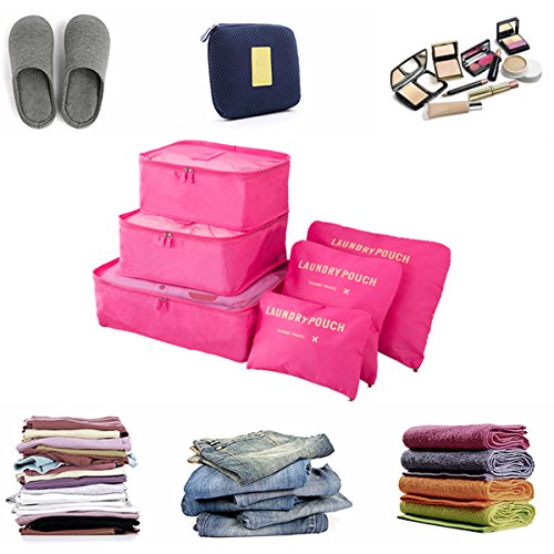 Organizador de Viaje Organizadores para Maletas, EASEHOME 3Pcs Cubos de Embalaje + 3pcs Bolsas de Almacenamiento para Ropa Zapato Cosmético Impermeable Bolsa de Lavandería, Rosa