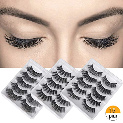 Pestañas Postizas de Pelo Artificial 3D Mixtas 15 Pares Multipack, Tiras Completas, Natural Pestañas Falsa Largas Gruesas Maquillaje de Ojos para Fiesta de Boda, 5 Estilos