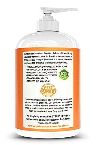 Pets Purest Aceite de salmón escocés puro Premium 100% Natural. Suplemento Omega 3, 6 y 9 para perros, gatos, caballos, hurones y mascotas. Promueve la salud del piel, las articulaciones y el cerebro