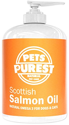 Pets Purest Aceite de salmón escocés puro Premium 100% Natural. Suplemento Omega 3, 6 y 9 para perros, gatos, caballos, hurones y mascotas. Promueve la salud del piel, las articulaciones y el cerebro