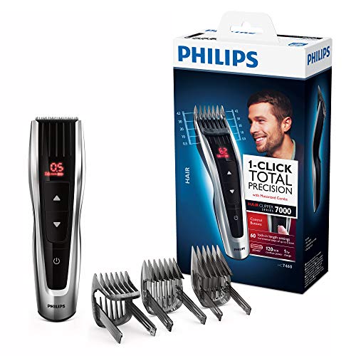 Philips HC7460/15 - Cortapelos con cuchillas de acero inoxidable, 3 peines-guía motorizados, con botones de control, batería, Gris/Negro