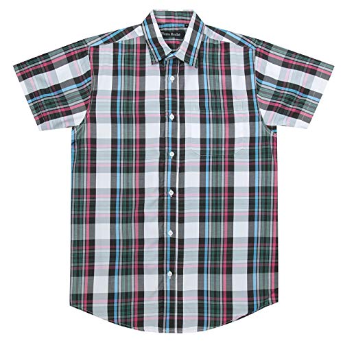 Pierre Roche - Camisa de cuadros para hombre, diseño de popelina informal, manga corta, diseño de verano, hilo de polialgodón teñido