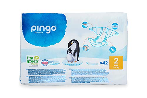 Pingo - Pañales Talla 2 Mini -2 paquetes de 42 unidades- 3-6 kg -Pañales para bebé - Anti-alergénicos sin perfume- Máxima Absorción - Pañales ecológicos - Pieles sensibles - Color Blanco