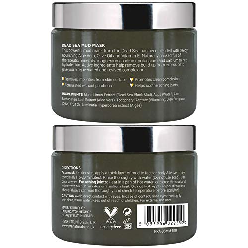 PraNaturals 550g Mascarilla Facial y Corporal 100% Natural y Orgánica con Barro del Mar Muerto, Rica en Minerales Nutritivos, Hidrata y Desintoxica la Piel, Exfolia Células Muertas de la Piel