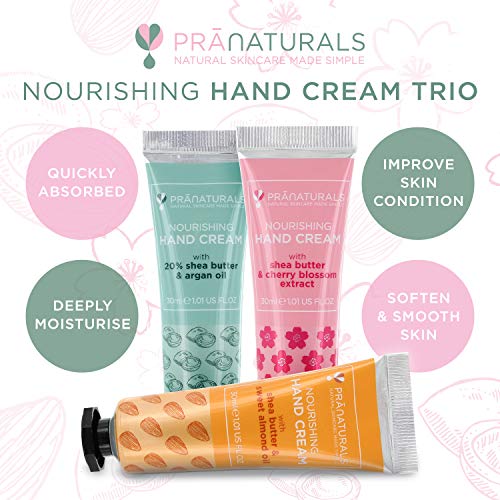 PraNaturals Crema de Manos Nutritiva Trío con Manteca de Karité - Hidrata y suaviza las manos secas y agrietadas - 3 x 30ml