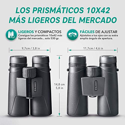 Prismáticos 10x42 Slokey - Binoculares Profesionales y Potentes con Gran Alcance. Ligeros e Impermeables, Prismas BaK4 y FMC. Ideales para Observación de Aves, Caza, Senderismo, Astronomía y Camping.