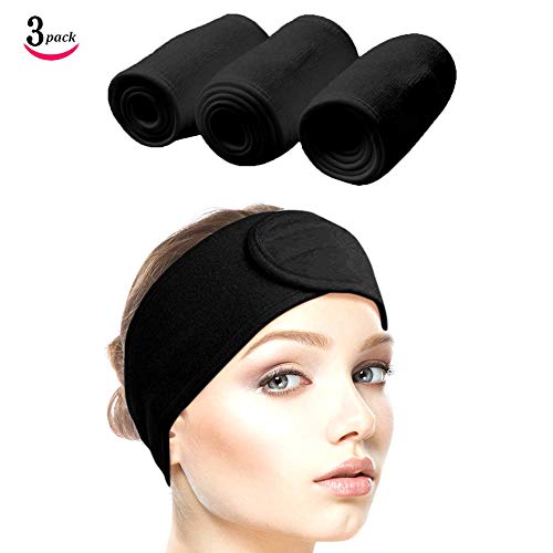 Queta pelo banda para maquillaje, cosméticos cinta Rizo, ajustable pelo – Banda con velcro 3pcs (Negro)