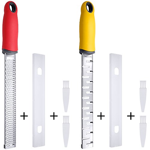 Rallador de acero inoxidable 18/8, niveladoras de sourceton de 2 unidades con tapa protectora y cepillos para queso, chocolate, verduras, mango largo ergonómico con base de goma
