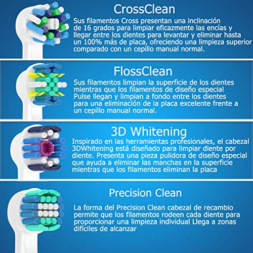 Recambios Cepillo Compatible con Oral b Cepillo Eléctrico, 16 Cabezales Compatible con Cepillo Eléctrico, 4 Whiteclean, 4 Precision-Clean, 4 Flossclean, 4 Crossclean