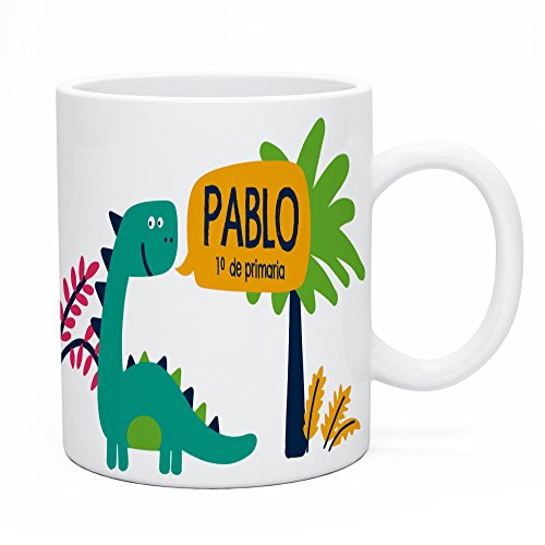 Regalo Original Taza de plástico Infantil Personalizada con Nombre y Dinosaurio para la Vuelta al Cole 33 Cl