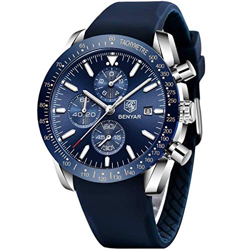 Relojes Hombre BENYAR Cronógrafo Analógico Cuarzo 30M Impermeable Silicona Deportivo Diseño Casual de Negocios Relojes de Pulsera Regalo Elegante para Hombre