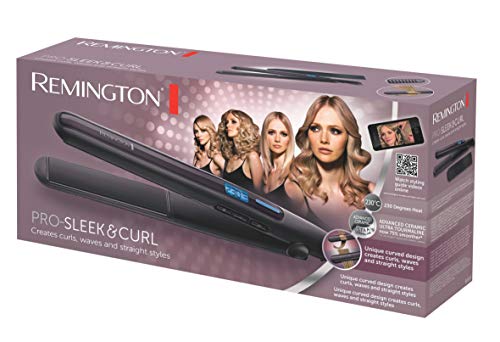 Remington S6505 Pro Sleek & Curl - Plancha de Pelo, Cerámica Avanzada, Digital, Rizador y Alisador, Negro y Morado