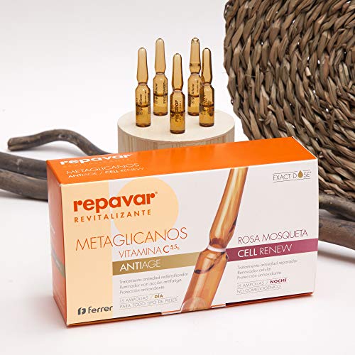 Repavar METAGLICANOS Anti Edad más Cellrenew,  tratamiento facial día y noche.  15 ampollas antiedad con vitamina C y 15 de de renovación celular con Rosa Mosqueta.