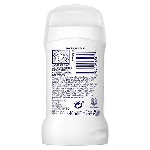 Rexona - Cotton dry algodón, desodorante en barra para mujer, pack de 6 (6 x 40 ml)