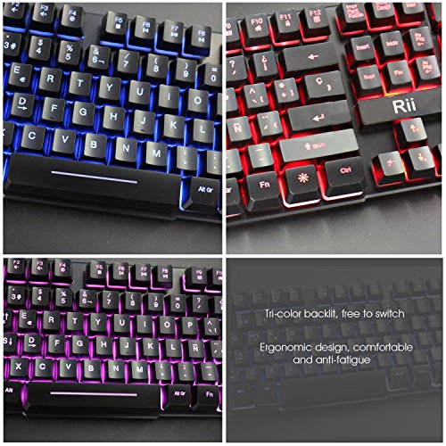 Rii RK100 Teclado Gaming,Teclado de Membrana con sensibilidad mecánica,USB LED Retroiluminado Ideal para Jugar, Trabajos de Oficina