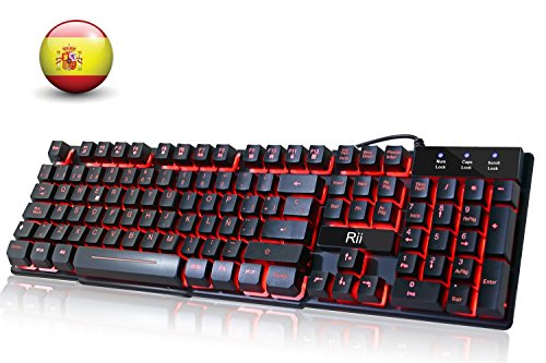 Rii RK100 Teclado Gaming,Teclado de Membrana con sensibilidad mecánica,USB LED Retroiluminado Ideal para Jugar, Trabajos de Oficina