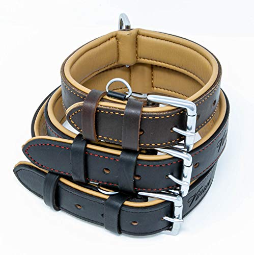 Riparo - Collar ajustable de piel auténtica acolchada para perro K-9 (3,8 cm de ancho, para cuello de 45,7 cm a 53,3 cm (grande, hilo negro/rojo)