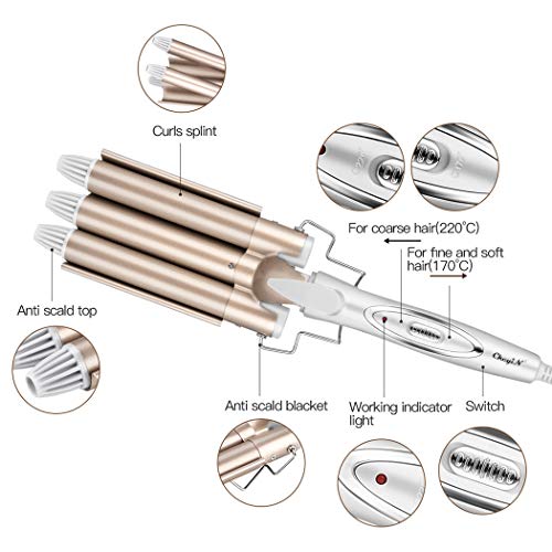 Rizador de pelo, Pinzas Rizadoras ，Rizador de Pelo de Cerámica de la Turmalina de 3 Barriles Rizador de la Onda Grande de la Ondulación Permanente de la Ondulación de la Perla -CkeyiN