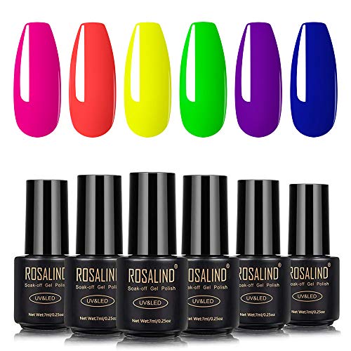 ROSALIND Esmaltes Semipermanentes de Uñas en Gel UV LED de Color Neon, 6pcs Kit de Pastel Esmaltes de Uñas 7ml