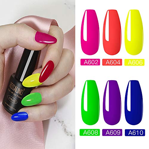 ROSALIND Esmaltes Semipermanentes de Uñas en Gel UV LED de Color Neon, 6pcs Kit de Pastel Esmaltes de Uñas 7ml