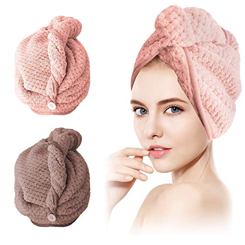 SCOBUTY Toalla Pelo,Turbante Toalla Wrap,Turbante con Botón,SeñOra ÚTil Pelo Seco Sombreros,Toalla Turbante de Microfibra Absorbente para un rápido Secado de Pelo (2 pcs)