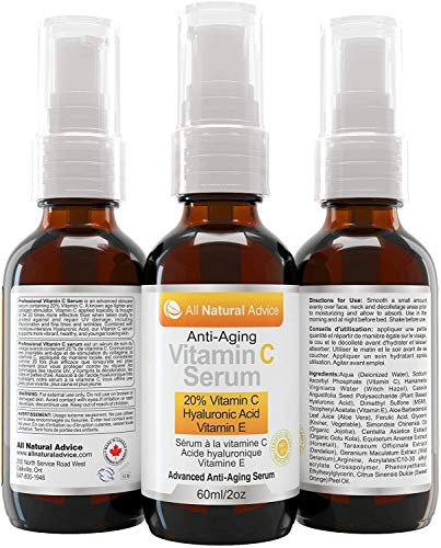 Sérum 20% Vitamina C • Orgánico • 60 ml • Vitamina E • Ácido Hialurónico • Todo Tipo de Pieles • Anti-edad arrugas manchas • Utilizar con Derma Roller • Para Hombres y Mujeres