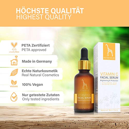 Serum Facial de Vitamina C con Hialurónico y Extracto de Ruibarbo - 30ml MADE IN GERMANY - Tratamiento Facial Intensivo Antiedad contra Arrugas y Marcas