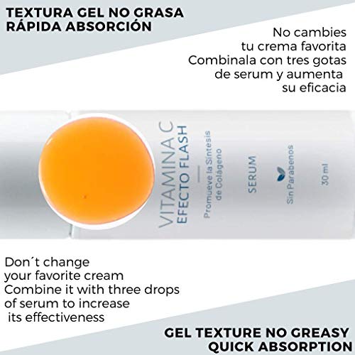 Serum facial vitamina C Efecto flash 30 ml - Antiedad Antiarrugas Antimanchas Iluminador - Hidratante Tonifica y Reafirma - No graso - Textura gel - Unisex