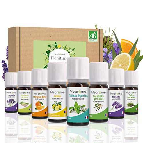 Set de Aceites Esenciales 100% Naturales Bio | Para Humificador Difusor, Aromaterapia | Menta, Lavanda, Eucalipto, Cedro de Atlas, Citronela, Naranja, Limón, Lavandín | Mearome Fabricado en Francia